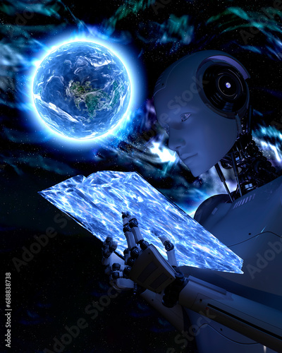 A female robot reading a book about artificial intelligence. Space background.