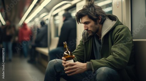 Sad young alcoholic drinking beer in subway