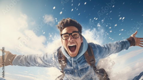 A young man in glasses and a blue jacket leaps with joy in the snowy landscape. Generative AI. © Natalia