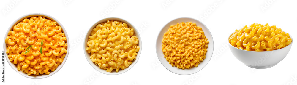 Top and side view of classic stovetop macaroni and cheese: mac & cheese in a bowl and plate set, Isolated on Transparent Background, PNG Top and side view of classic stovetop macaroni and cheese: mac & cheese in a bowl and plate set, Isolated on Transparent Background, PNG