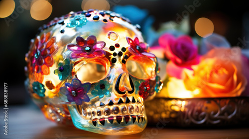 Colorful glowing skulls with flowers © Kondor83