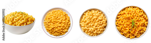 Bowl and plate set of classic stovetop macaroni and cheese: mac & cheese top and side view, Isolated on Transparent Background, PNG