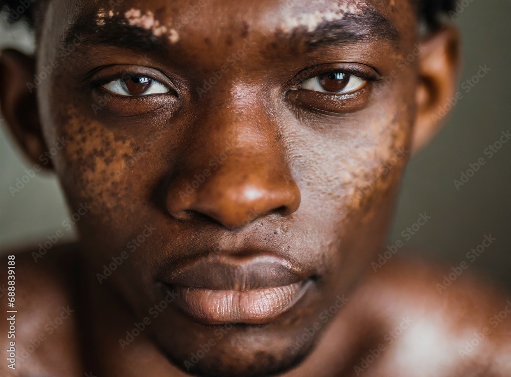 Portrait of black man with vitiligo, face closeup Portrait of black man with vitiligo, face closeup