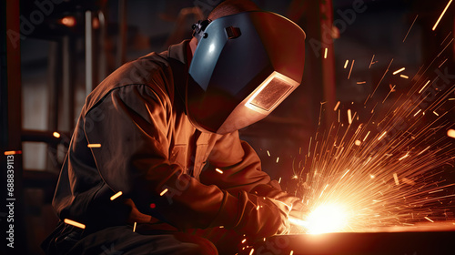 Welder working with metal, industrial scene photo