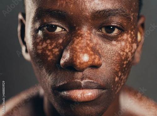 Portrait of black man with vitiligo, face closeup photo