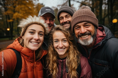 A joyful group of friends, bundled up in cozy winter attire, strike a pose beneath the colorful fall foliage, radiating warmth and laughter