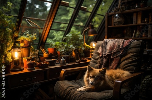 A contented canine enjoys the warmth of the sun streaming through the windows, perched upon a chair with a view of the world