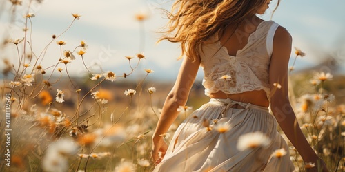A free-spirited woman embraces the beauty of nature as she runs through a sunlit field of vibrant flowers  her flowing white dress and radiant energy capturing the essence of summertime fashion