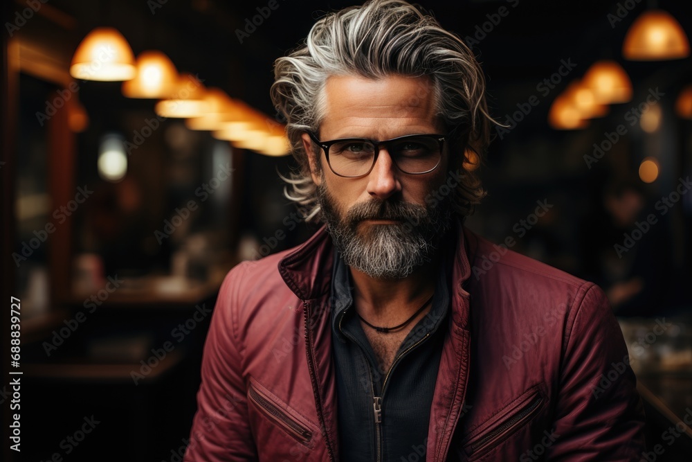 A stylish man with a rugged beard and sharp mustache, donning glasses and fashionable attire, stands confidently on a bustling city street, his piercing gaze capturing the essence of modern masculini A stylish man with a rugged beard and sharp mustache, donning glasses and fashionable attire, stands confidently on a bustling city street, his piercing gaze capturing the essence of modern masculini