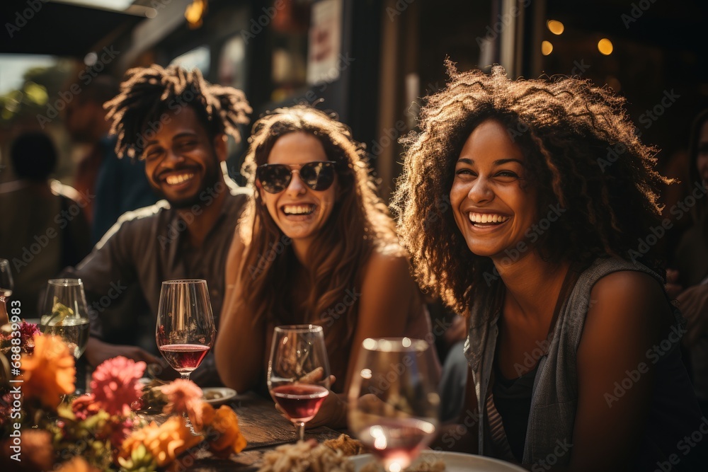 A group of smiling people gather around a table adorned with elegant tableware and champagne stemware, sipping wine and enjoying each other's company both indoors and outdoors