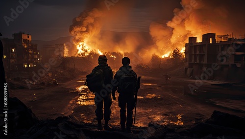 two soldiers are standing in front of a burning a city with a fire in the distance