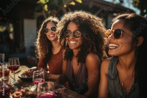 A group of women enjoy a sunny afternoon, sipping on wine and sharing smiles as they relax at an outdoor table adorned with stylish tableware and stemware photo