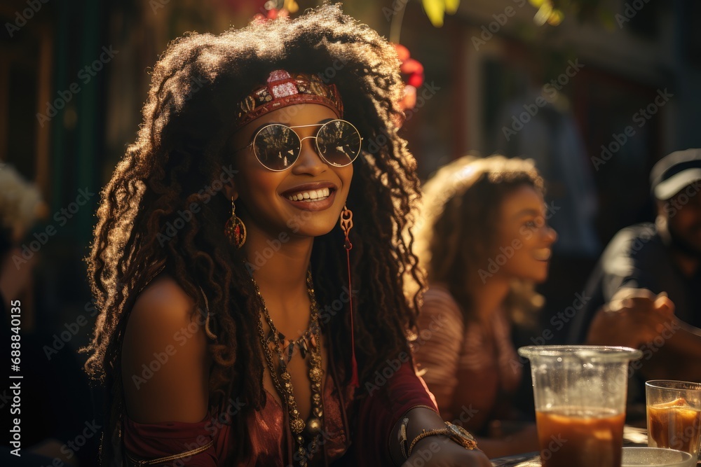 A stylish woman enjoys a refreshing drink on a sunny street, radiating confidence and joy with her fashionable sunglasses and headband A stylish woman enjoys a refreshing drink on a sunny street, radiating confidence and joy with her fashionable sunglasses and headband