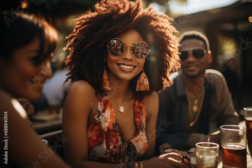 A stylish woman with a radiant smile, sporting sunglasses and holding a drink, enjoys a lively outdoor party surrounded by friends