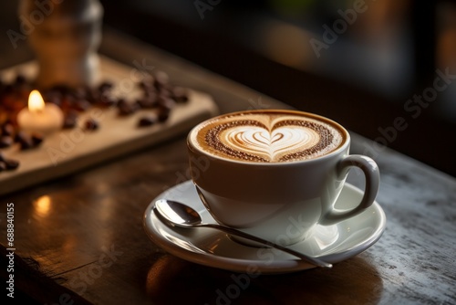 Coffee with foam in the shape of a heart. Background with selective focus and copy space