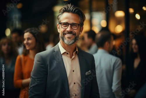 A dapper gentleman radiates confidence and charm, sporting a stylish blazer and glasses as he smiles for the camera at a formal indoor event photo