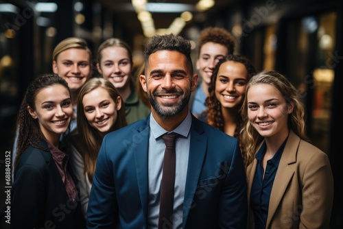 A diverse group of individuals dressed in formal wear, including a man in a suit and a woman in a blazer, stand together with genuine smiles and laughter, capturing the joy and camaraderie of a socia