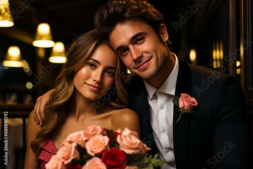 Couple in love in a restaurant on a date. Background with selective focus and copy space