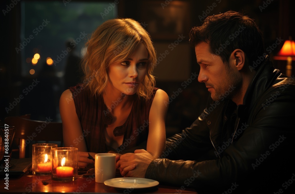A couple enjoys a romantic candlelit dinner, their faces illuminated by the flickering flames as they sit at a beautifully set table adorned with elegant tableware and glasses, surrounded by the warm A couple enjoys a romantic candlelit dinner, their faces illuminated by the flickering flames as they sit at a beautifully set table adorned with elegant tableware and glasses, surrounded by the warm