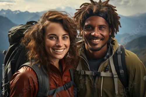 Two smiling adventurers stand proudly with their backpacks against a stunning mountain backdrop, ready to conquer their outdoor journey with confidence and style