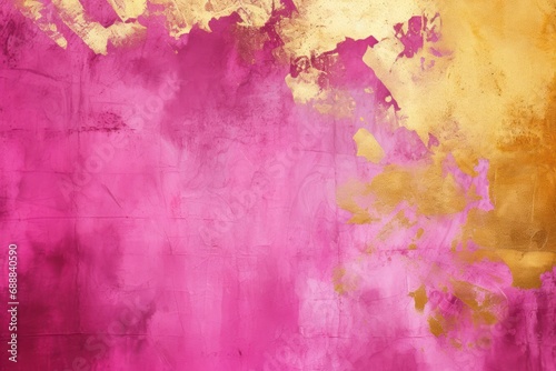 Abstract art background with textured pink and gold paint splatters and strokes on a canvas.
