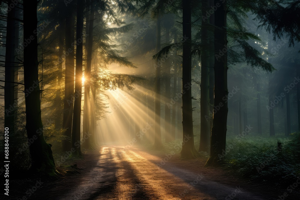 Obraz premium Mysterious dark forest at sunrise with rays of light and fog, Morning mist in the forest, Spectacular morning sun light rays in the forest.