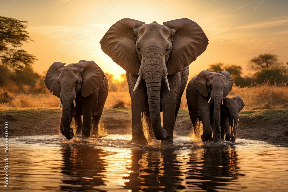 Herd of elephants in the savanna at sunset, Elephants in Chobe National Park, wildlife photography, wild animal, Giant animal