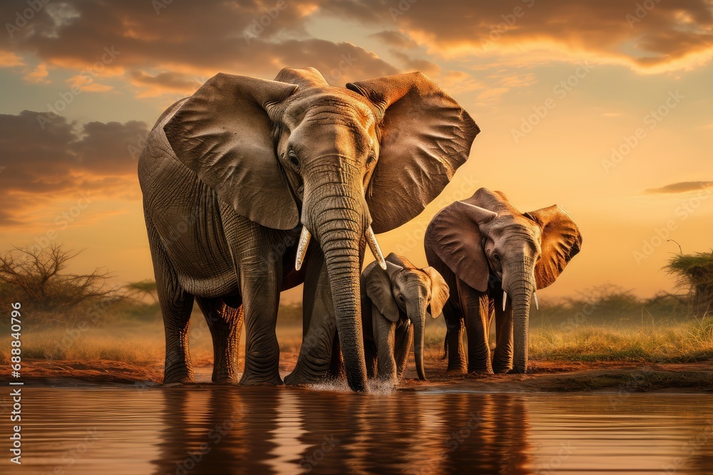 Obraz premium Family of elephants walking through the savana at sunset, African Elephants at sunset, Amazing African wildlife, wildlife photography, wild animal, Giant animal