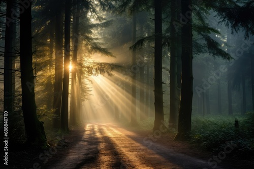 Mysterious dark forest at sunrise with rays of light and fog, Morning mist in the forest, Spectacular morning sun light rays in the forest. © Jahan Mirovi