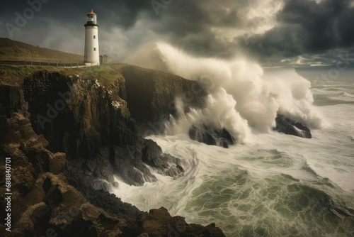 Crashing waves against lighthouse, Lighthouse on a stormy day in Cornwall, England, UK. A captivating shot of a solitary lighthouse standing tall against crashing waves