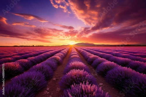 Endless purple lavender field at sunset, cold purple tones, Sunset over lavender field in Provence, Lavender field summer sunset landscape, Lavender field at sunset