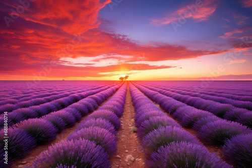 Beautiful sunset over lavender field, beautiful twilight sky in a lavender field, Endless purple lavender field at sunset, cold purple tones.