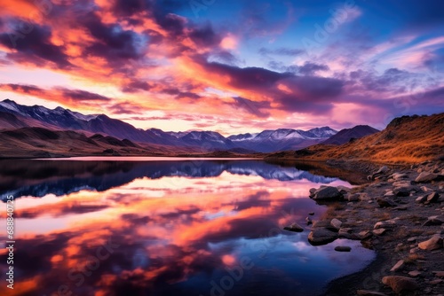 Beautiful dramatic panoramic sunset over the mountains with cloudy sky  Beautiful sunset over Lake Tekapo  South Island  New Zealand  Incredible midnight sunset over the sea