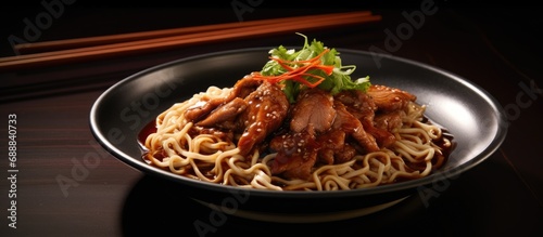 Asian-style crispy pork noodles in gravy sauce.