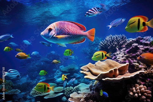 Underwater scene with colorful tropical fish and corals in blue water, beautiful underwater scenery with various types of fish and coral reefs, Underwater world photography