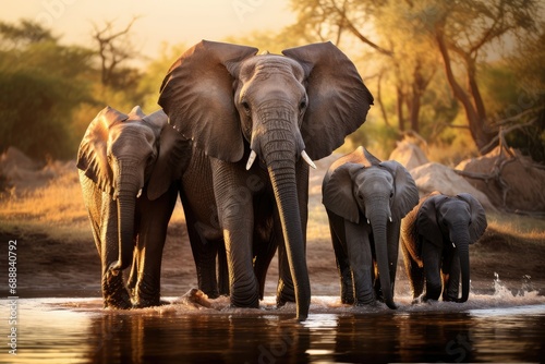A herd of elephants drinking water from a river, Family of elephants walking through the savana at sunset, Amazing african elephants at sunset, wild animal, Giant animal, wildlife © Jahan Mirovi