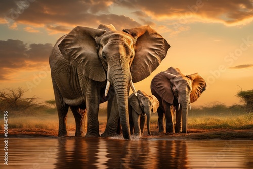 Family of elephants walking through the savana at sunset, African Elephants at sunset, Amazing African wildlife, wildlife photography, wild animal, Giant animal © Jahan Mirovi