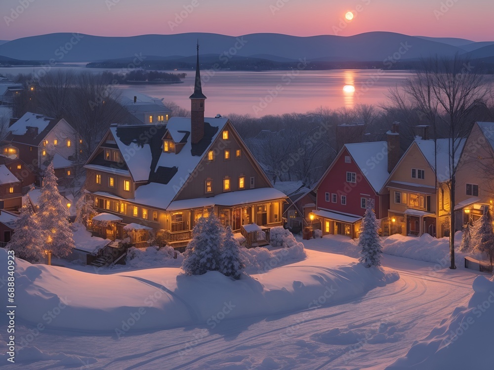 Fototapeta premium European-style houses by the lake and forests covered with snow