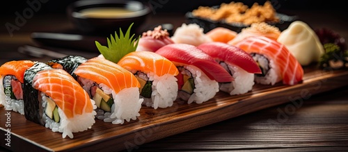 Fresh sushi displayed on a wooden table in a closeup shot. photo