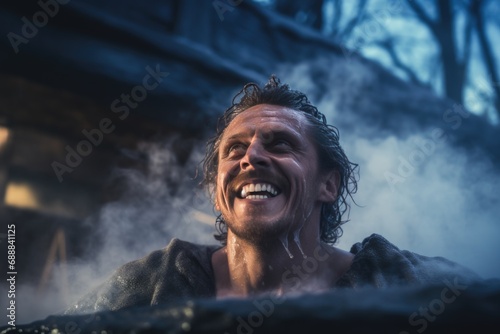 Against the winter backdrop, a man bathes with contentment in a hot spring, his smile radiating the joy found in the comforting heat of the steaming waters