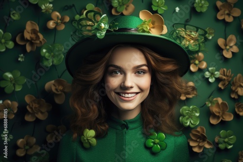 With clover as a backdrop, a woman in a leprechaun costume exudes joy, creating a picturesque scene that captures the festive atmosphere and playful revelry of St. Patrick's Day