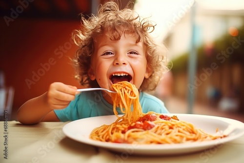 Cute Young Boy Eating a Plate of Spaghetti