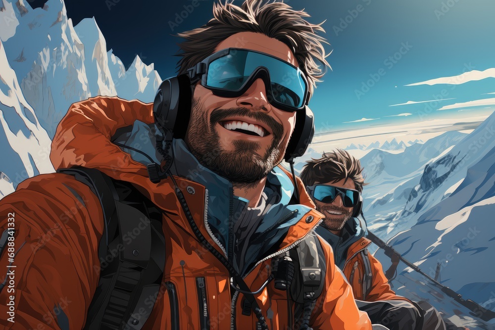 Couple of snowboarders with ski goggles enjoy on mountain peak Couple of snowboarders with ski goggles enjoy on mountain peak