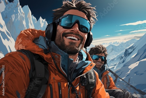 Couple of snowboarders with ski goggles enjoy on mountain peak