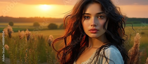 Fototapeta Naklejka Na Ścianę i Meble -  Beautiful young teenage girl in a sunny summer field at sunset, with black hair and eyes, resembling an oriental fairy tale character.