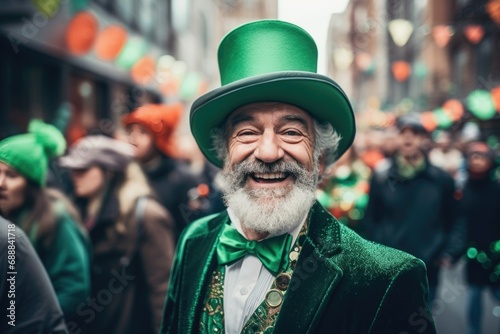 A cheerful man, dressed in leprechaun attire and a hat for St. Patrick's Day, strolls through the lively city street, bringing a festive spirit to the urban landscape