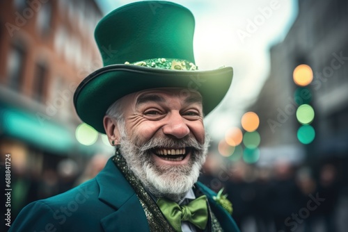 A man exudes joy on the city street, donned in leprechaun clothes and a hat for St. Patrick's Day, spreading a festive aura with his infectious smile