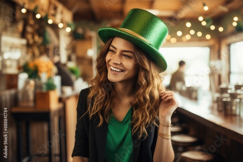 A woman becomes a beacon of celebration on the city street, donning leprechaun clothes and a hat for St. Patrick's Day, spreading happiness and creating a festive atmosphere around her