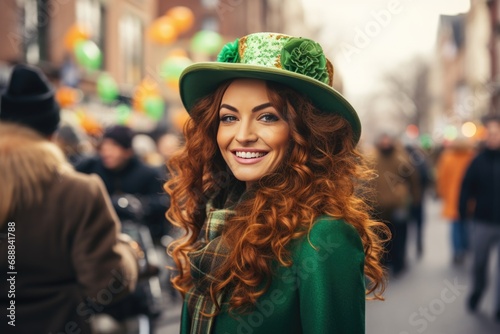 In the heart of the city, a woman dons leprechaun clothes and a hat for St. Patrick's Day, becoming a delightful focal point and infusing the surroundings with the joy of the celebration