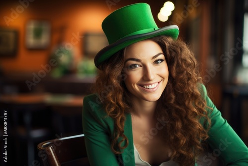 A smiling woman embraces the festive spirit, adorned in a leprechaun hat and vibrant clothes for St. Patrick's Day, radiating joy and contributing to the lively celebration